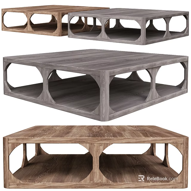 Contemporary Wooden Coffee Table With Square Shape Circular Openings And Layered Structure Design 3d model