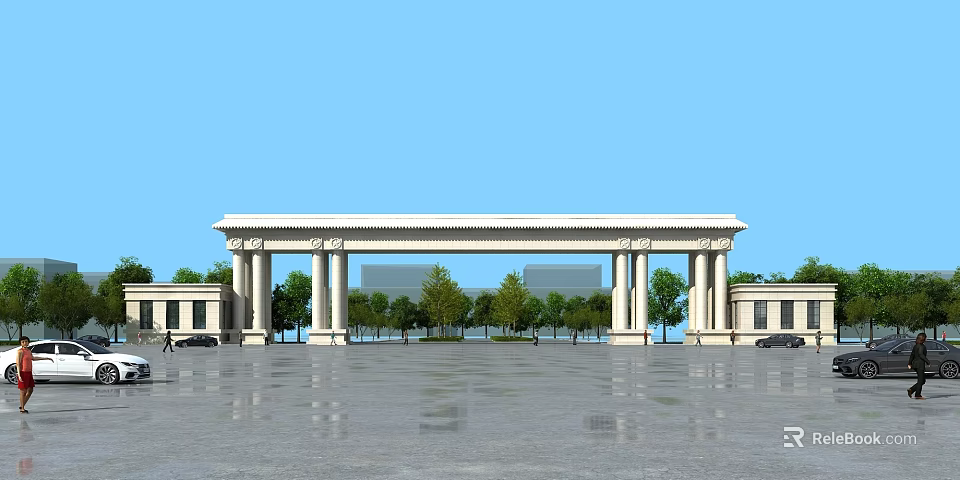 Classical Entrance Gate With Stone Columns Arched Structure And Green Trees 3d model