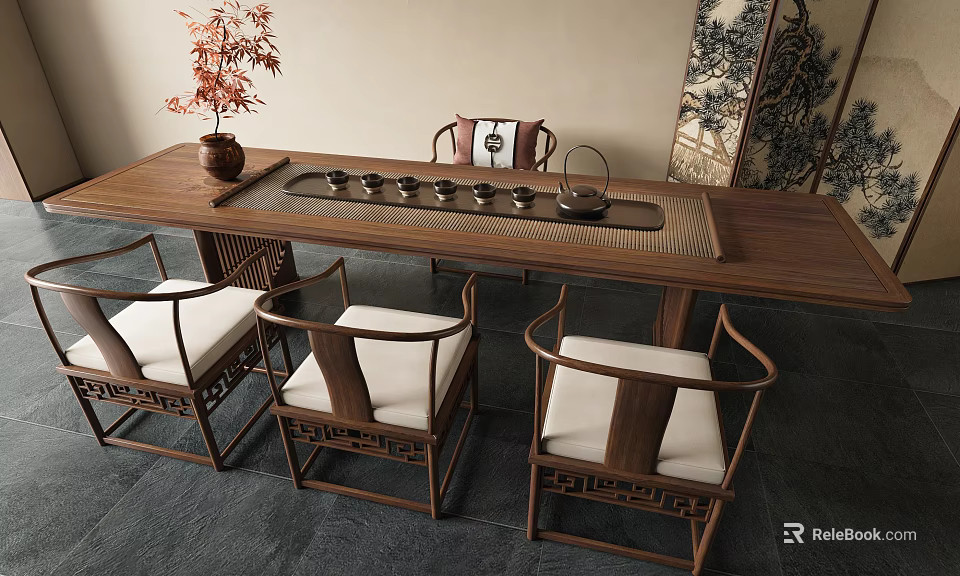 Wooden Chinese Style Tea Table with White Cushioned Chairs and Tea Set on Screen Backdrop 3d model 