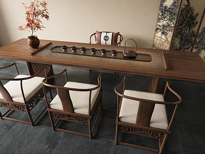 Wooden Chinese Style Tea Table with White Cushioned Chairs and Tea Set on Screen Backdrop 3d model