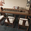 Wooden Chinese Style Tea Table with White Cushioned Chairs and Tea Set on Screen Backdrop