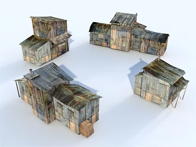 Cluster Of Old Wooden Houses With Weathered Roofs And Rustic Exteriors 3d model