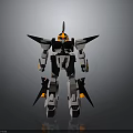 Futuristic Mechanical Robot Character With White Black Body Yellow Accents Sharp Head And Rear Wings