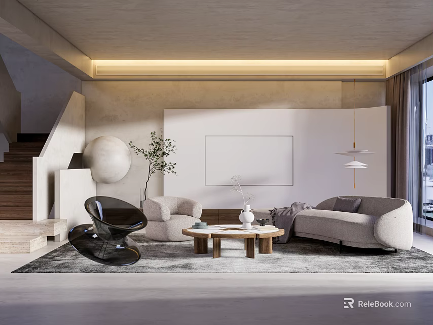 Modern Living Room Interior Design With Beige Sofa Accent Chair Coffee Table And Gray Rug 3d model 