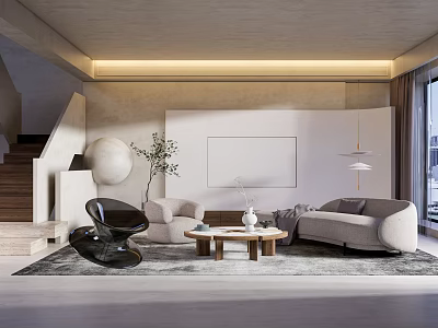 Modern Living Room Interior Design With Beige Sofa Accent Chair Coffee Table And Gray Rug 3d model