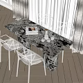 Modern Dining Table Set With Marble Top Transparent Metal Chairs Books Water Jug And Glasses