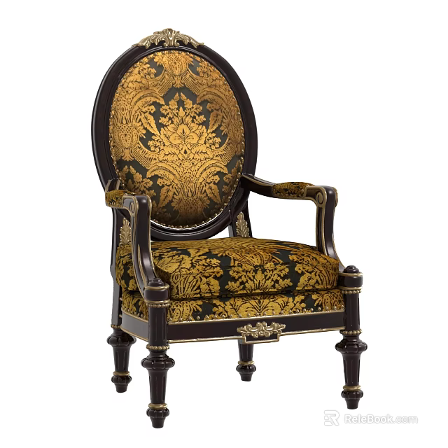Elegant Single Sofa Featuring Gold Floral Pattern And Ornate Black Wood Frame 3d model 