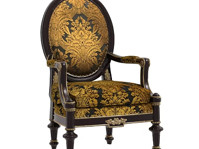 Elegant Single Sofa Featuring Gold Floral Pattern And Ornate Black Wood Frame 3d model