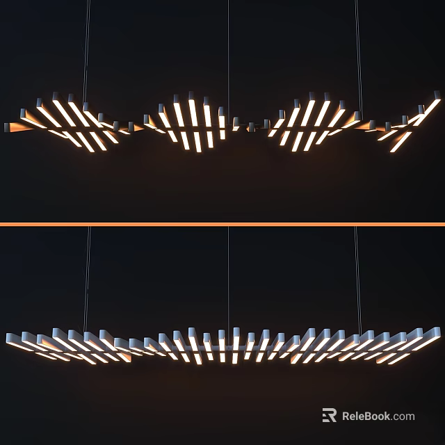 Modern Linear Chandelier With Multiple Wooden Metal Strips And Warm Illuminated Glow For Interior 3d model 