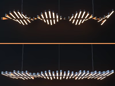 Modern Linear Chandelier With Multiple Wooden Metal Strips And Warm Illuminated Glow For Interior 3d model