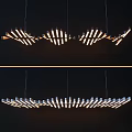 Modern Linear Chandelier With Multiple Wooden Metal Strips And Warm Illuminated Glow For Interior