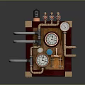 Steampunk Style Equipment With Brass Pipes Multiple Gauges Wooden Frame And Small Black Chimney