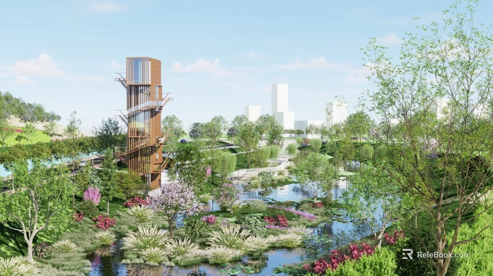 Scenic Urban Park Landscape With Wooden Tower Lush Greenery Colorful Flowers And Water Features 3d model 