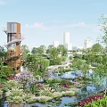 Scenic Urban Park Landscape With Wooden Tower Lush Greenery Colorful Flowers And Water Features