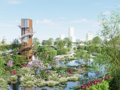 Scenic Urban Park Landscape With Wooden Tower Lush Greenery Colorful Flowers And Water Features 3d model