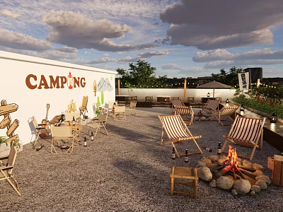 Camping Themed Roof Bar With Outdoor Seating Fire Pit And Evening Sky 3d model