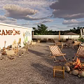 Camping Themed Roof Bar With Outdoor Seating Fire Pit And Evening Sky