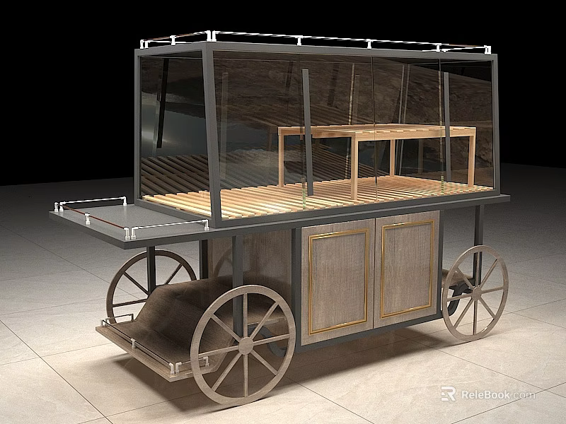 Functional Display Shelf Trolley with Glass Cover Wooden Shelves and Wheels for Retail 3d model 