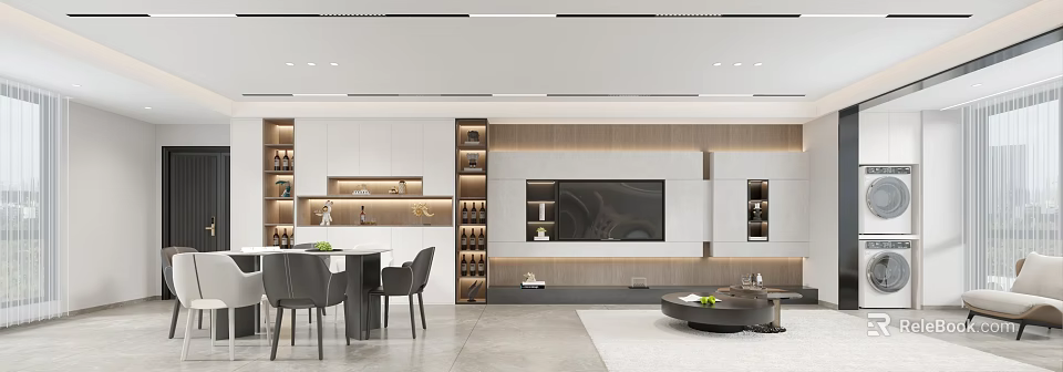 Modern Dining and Living Room Interior With Open Concept TV Wall and Dining Table 3d model 