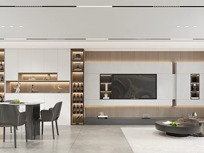 Modern Dining and Living Room Interior With Open Concept TV Wall and Dining Table 3d model