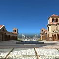 Classical Commercial Complex With Red Roofs Towers Beige Facade And Waterfront Reflection On Blue Sky