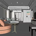 Modern Living and Dining Room Interior Design With Sofa Armchair TV Piano And Marble Wall