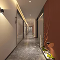 Elevator Hallway With Red White Walls Gray Floor Lighting Decorative Paintings And Plants