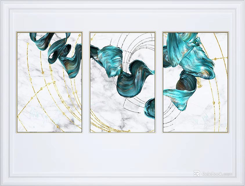 Abstract Painting Triptych With Blue Flowing Elements Golden Lines Marble Background And Golden Frames 3d model