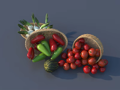 Fresh Assorted Vegetables Including Tomatoes Red Green Peppers Scallions in Woven Baskets on Dark Background 3d model