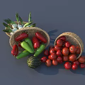 Fresh Assorted Vegetables Including Tomatoes Red Green Peppers Scallions in Woven Baskets on Dark Background