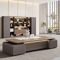 Modern Office Desk with Wooden Top Metal Accents Laptop Bookcase Decor and Large Windows