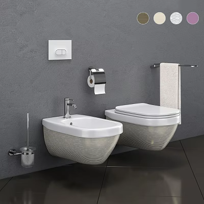 Modern Wall Mounted Toilet And Bidet In Bathroom With Toilet Paper Holder And Towel Rack 3d model