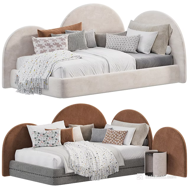 Cozy Kids Bed With Curved Headboard Soft Material Colorful Pillows And Warm Blanket 3d model 