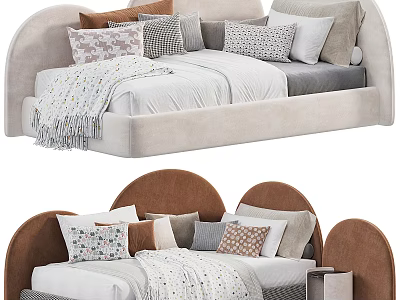 Cozy Kids Bed With Curved Headboard Soft Material Colorful Pillows And Warm Blanket 3d model