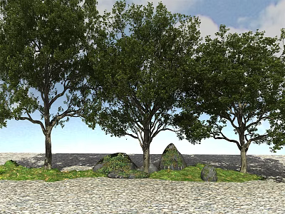 Lush Green Trees with Rocks and Grass on Cobblestone Ground Under Blue Sky 3d model