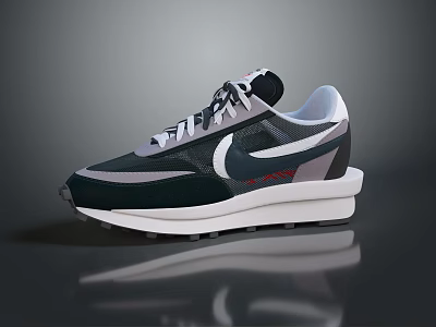 Retro Style Running Shoes Dark Colorway With White Grey Red Accents Thick Sole Mesh Upper 3d model