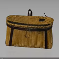 Cute Rabbit Resting in Handwoven Yellow Basket with Leather Straps on Gray Surface