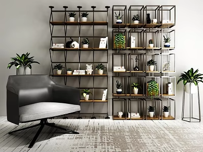 Modern Black Metal Storage Shelving Unit With Potted Plants Books And Decorative Items 3d model