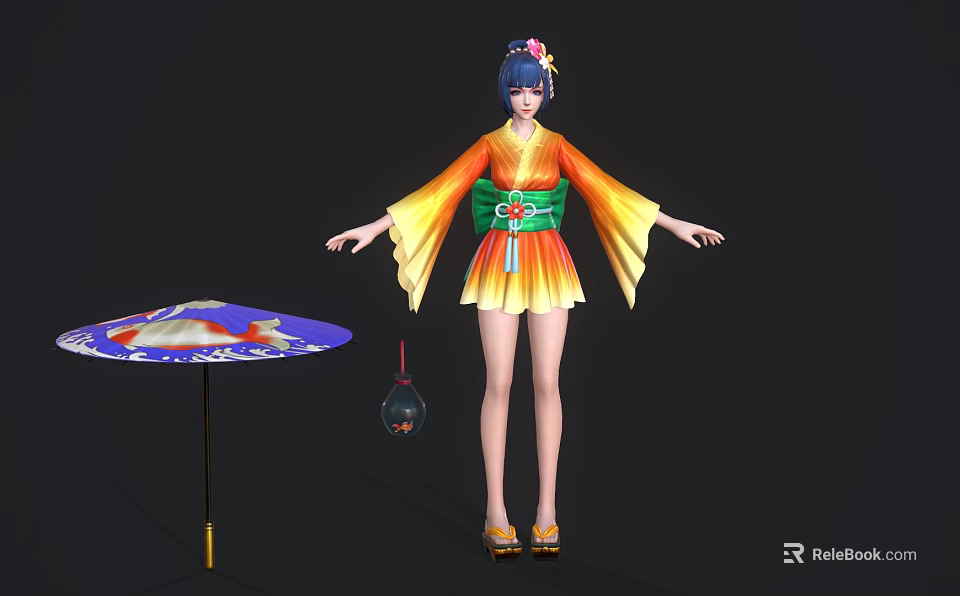 Colorful Kimono Character with Floral Hairpin and Animal Themed Umbrella Lantern 3d model 