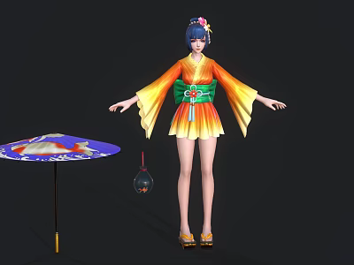 Colorful Kimono Character with Floral Hairpin and Animal Themed Umbrella Lantern 3d model