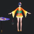 Colorful Kimono Character with Floral Hairpin and Animal Themed Umbrella Lantern
