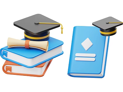 Elegant Graduation Cap on Stacked Books with Blue Book and Diploma Scroll 3d model