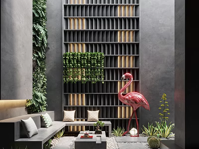 Modern Courtyard Garden with Vertical Green Wall Gray Sofa Pink Flamingo Sculpture and Decorative Plants 3d model
