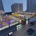 Multi Storey Commercial Complex With Shops Neon Signs And Surrounding High Rise Buildings
