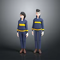 Two Men In Blue Uniforms With Yellow Stripes Standing On Dark Background