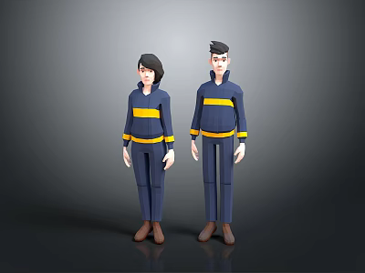 Two Men In Blue Uniforms With Yellow Stripes Standing On Dark Background 3d model