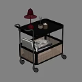 Modern Rolling Side Table With Black Tabletop Rattan Shelf Red Lamp And Storage Wheels