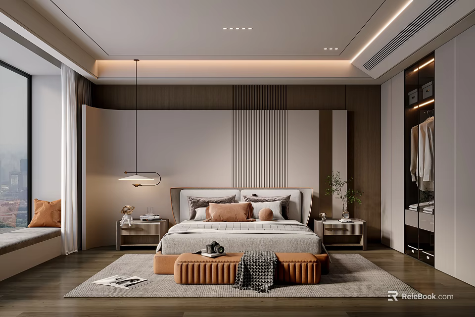 Modern Bedroom Interior With Wooden Accents Large Bed Nightstands And Pendant Lamp 3d model 