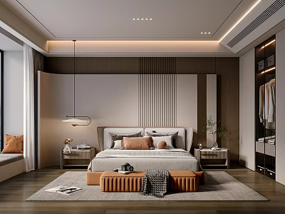Modern Bedroom Interior With Wooden Accents Large Bed Nightstands And Pendant Lamp 3d model