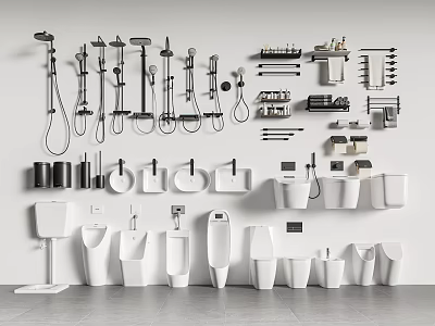 Modern Bathroom Collection Including Faucets Showers Toilets Basins Towel Racks And Storage Shelves 3d model